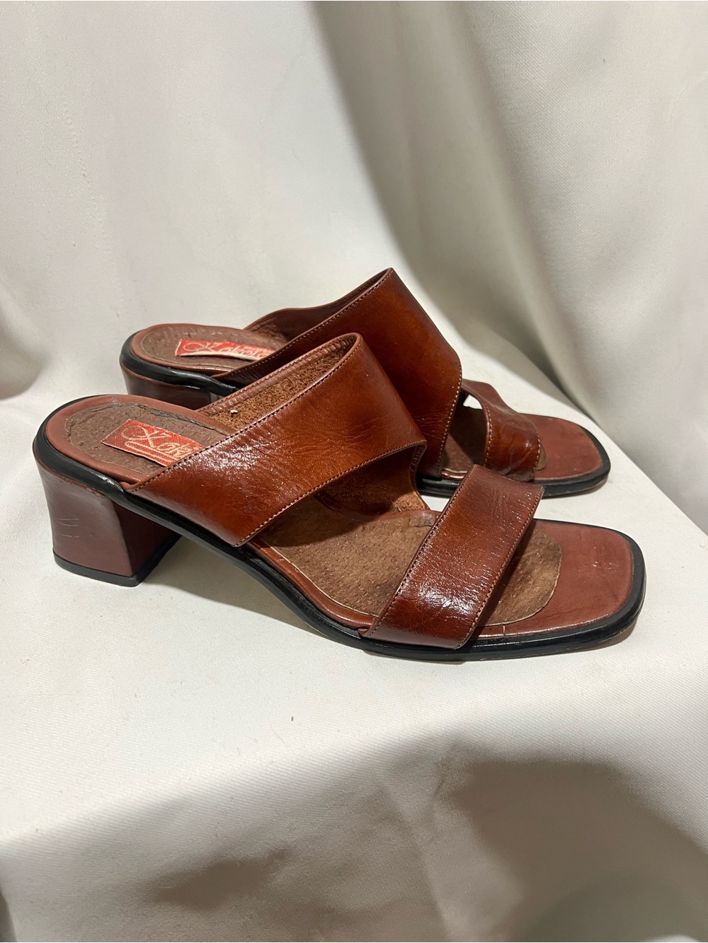 Women’s Brown Leather Slide Block Heel Woman’s Size 40 Square Toe - Picture 3 of 8